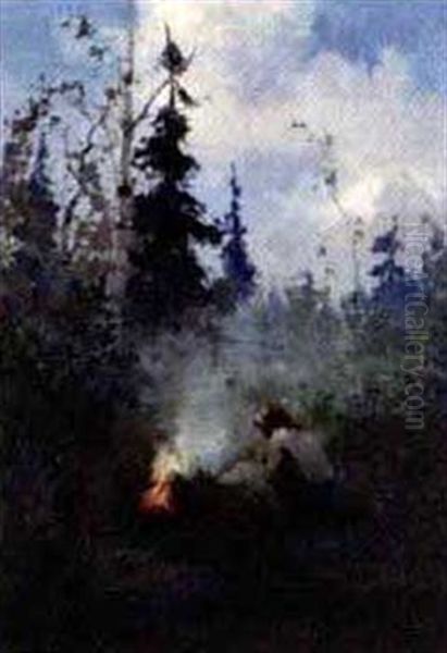 Indian Tending A Fire - view 1