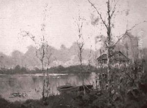 Beaver Lake With Boat And Cabin by Sydney Mortimer Laurence