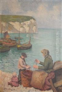 Mere Et Enfant Au Bord De La Mer by Jean-Pierre Laurens
