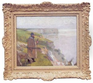 Berger Et Ses Moutons Au Lever Du Jour Face A La Mer