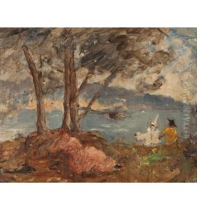 Landschaft Mit Ruhender Frau Und Arlequins