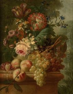Vase De Fleurs Et Fruits Sur Un Entablement Devant Un Paysage by Francois-Nicolas Laurent