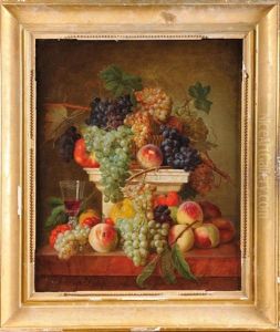 Peches, Grappes De Raisins Et Verre De Vin Sur Une Colonne En Marbre by Francois-Nicolas Laurent