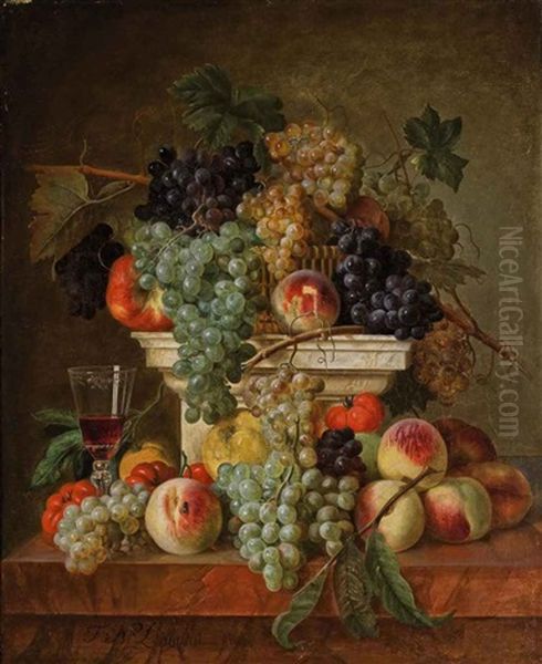 Peaches, Grapes And A Glass Of Wine On A Marble Ledge - view 1