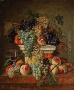 Peaches, Grapes And A Glass Of Wine On A Marble Ledge by Francois-Nicolas Laurent
