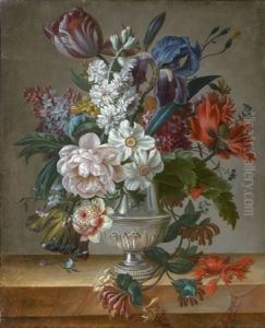 Nature-morte Au Bouquet De Fleurs Dans Un Vase En Argent Pose Sur Un Entablement by Francois-Nicolas Laurent