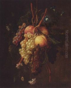 A Still Life Of Grapes, Peaches And Flowers Suspended From A Rope by Francois-Nicolas Laurent