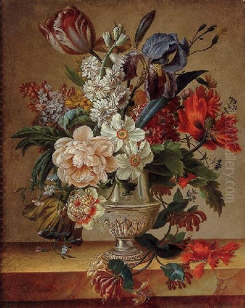 Still Life Of Flowers In A Vase Resting On A Marble Ledge - view 1