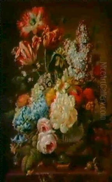 Vase De Fleurs Sur Un Entable-ment De Marbre - view 1