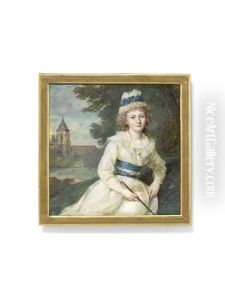 A Lady In White Dress, Seated In A Landscape With A Church, Holding A Riding Crop