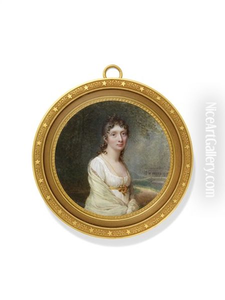 A Lady In White Dress And Shawl, Seated In A Landscape With A Bridge - view 1