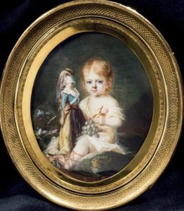 Portrait D'une Petite Fille En Robe De Voile Blanc Assise Dans Un Jardin, Tenant Une Poupee Et Une Grappe De Raisins Dans La Main Gauche by Jean Antoine Laurent