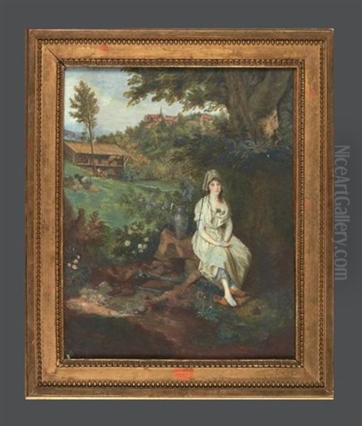 Jeune Femme A La Fontaine, Assise, Dans Un Paysage, Une Bergerie Et Un Village En Perspective - view 1