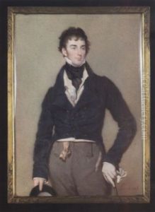 Sir Charles Hugh Lowther Wearing Blue Tailcoat, Cream Waistcoat, Frilled White Chemise, Grey Trousers And Black Cravat Held With Red Jewelled Stickpin, A Gold Seal Hangs From Pink Ribbon At His Waist Sir Charles Hugh Lowther Wearing Blue Tailcoat, Cream Waistcoat, Frilled White Chemise, Grey Trousers And Black Cravat Held With Red Jewelled Stickpin, A Gold Seal Hangs From Pink Ribbon At His Waist