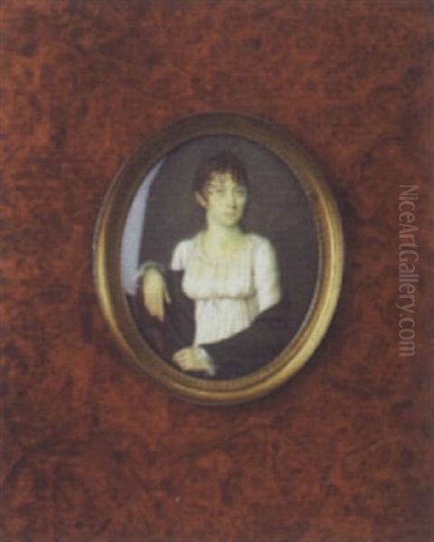Portrait De Femme Assise De Trios-quarts En Robe De Soie Ivoire, Cape Verte Et Accoudee A Une Chaise En Acajou - view 1