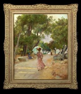 Fashionable Lady With Parasol Walking On A Coastal Lane by Lucien Laurent-Gsell