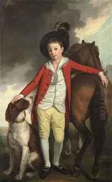 Portrait Of Boy, Possibly J. Langlands, Full-length, In A Red Coat, White Waistcoat, Yellow Breeches, Silver-buckled Shoes And A Feathered Hat, Flanked By A Pony And A Hound - view 1