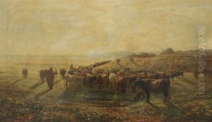 Atmospheric Landscape With Cattle Herders And Herd by Francois Lauret