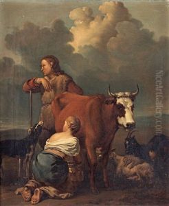 Woman Milking A Red Cow (after Dujardin) by Alexander Laureus