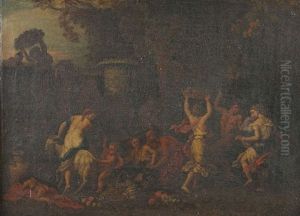 A Bacchanal, Revellers With Satyrs And Goat In A Landscape Beneath A Classical Urn