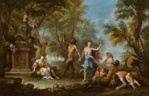 A Bacchanale, With Offerings Strewn Around A Statue Of The God Pan by Filippo Lauri