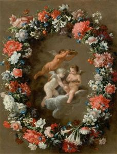 Three Putti With A Bird's Nest And A Garland Of Flowers