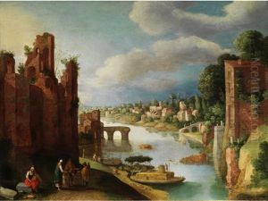 Italienische Flusslandschaft Mit Antiken Gebauderuinen Und Reicher Figurenstaffage