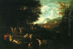 Nymphs In A Landscape Bathing, Dancing And Playing Music With A Satyr