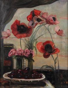 Stillleben Mit Klatschmohn, Rosen Und Pflaumen by Marie Lautenschlager