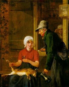 An Elderly Sportsman Proposing To A Young Lady, Old Woman Watching From A Window Beyond by Jacobus Johannes Lauwers