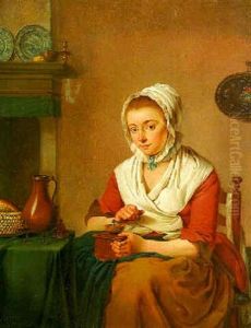 A Maid, Seated By A Table In A Kitchen, Grinding Coffee