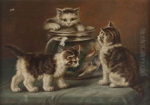 Three Kittens Surrounding A Fish Bowl by August Laux