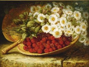 Still Life With Daises And Raspberries On A Ledge by August Laux