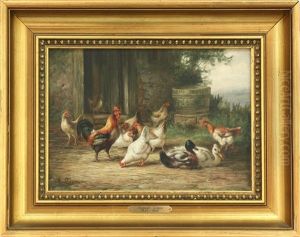 Chickens And Ducks In A Farmyard by August Laux