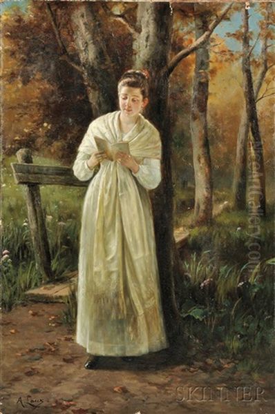 Woman Reading On A Woodland Path - view 1