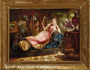 Reclining Lady Holding A Parakeet by August Laux