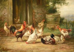Chickens And Ducks In The Barnyard by August Laux
