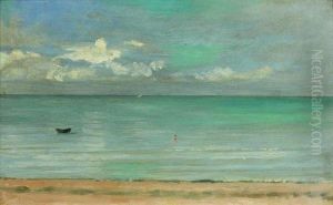 Bord De Mer Avec Barque, Baigneur Et Voilier