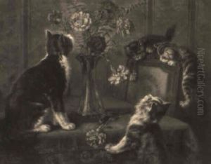 Cat And Kittens Playing On A Tabletop by August Laux