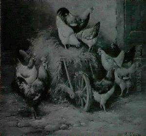 Chickens In A Barnyard by August Laux