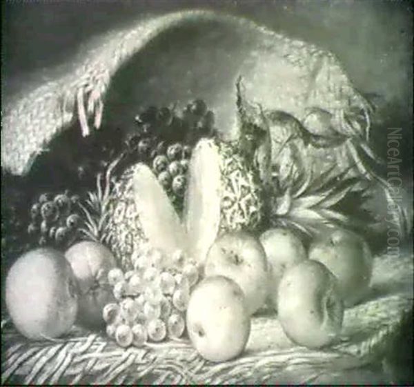 Still Life Of Fruit Spilling Out Of A Woven Basket - view 1