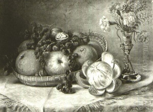 Still Life With Basket Of Fruit And Vase Of Carnations - view 1