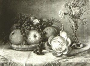 Still Life With Basket Of Fruit And Vase Of Carnations by August Laux