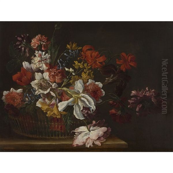 Still Life Of Flowers In A Basket On A Ledge - view 1