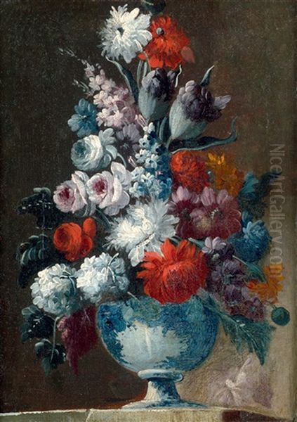 Blumenstilleben Mit Gefullten Nelken Und Rittersporn In Einer Majolikavase - view 1