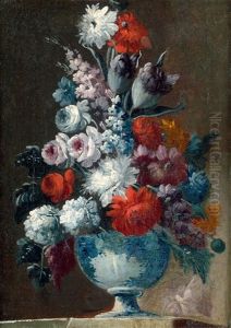 Blumenstilleben Mit Gefullten Nelken Und Rittersporn In Einer Majolikavase
