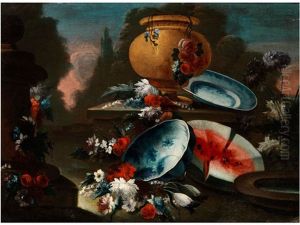 Stilleben Mit Parkvase, Porzellanschalen, Blumen Und Kurbis In Einer Parklandschaft