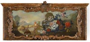 Outdoor Still Life With Mixed Flowers, Figures And Birds (pair)