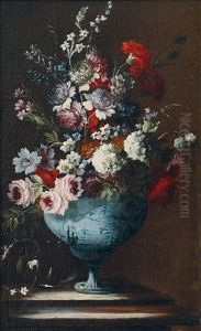 Flower Still Life In Faience Vase (+ Another, Lrgr.; Pair) by Giuseppe Lavagna