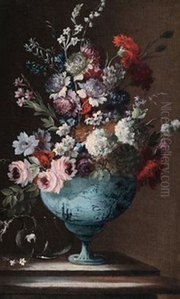 Blumenstillleben In Blau Bemalter Majolikavase (+ Another, Similar; Pair) - view 1